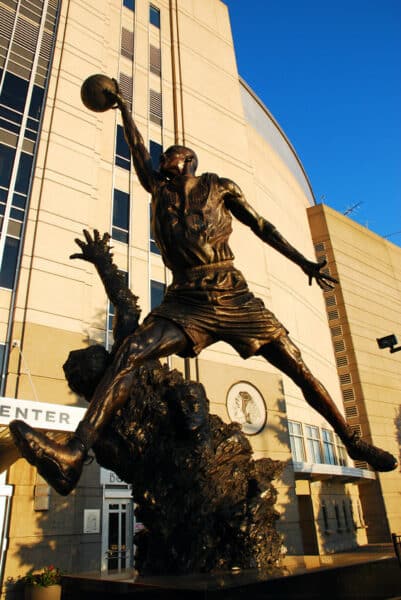 A statue at the United Center in Chicago depicts Michael Jordan dunking on an opponent