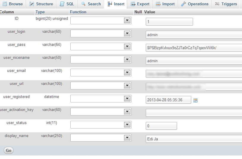 Edit and reset a password in PHPmyAdmin