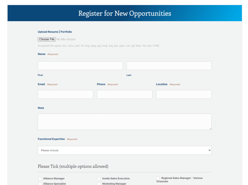 Register form on Hiresparks website