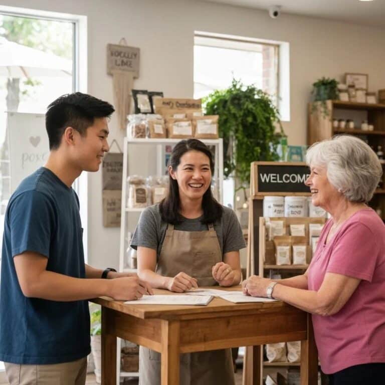 Local business owner engaging with customers in a welcoming shop environment