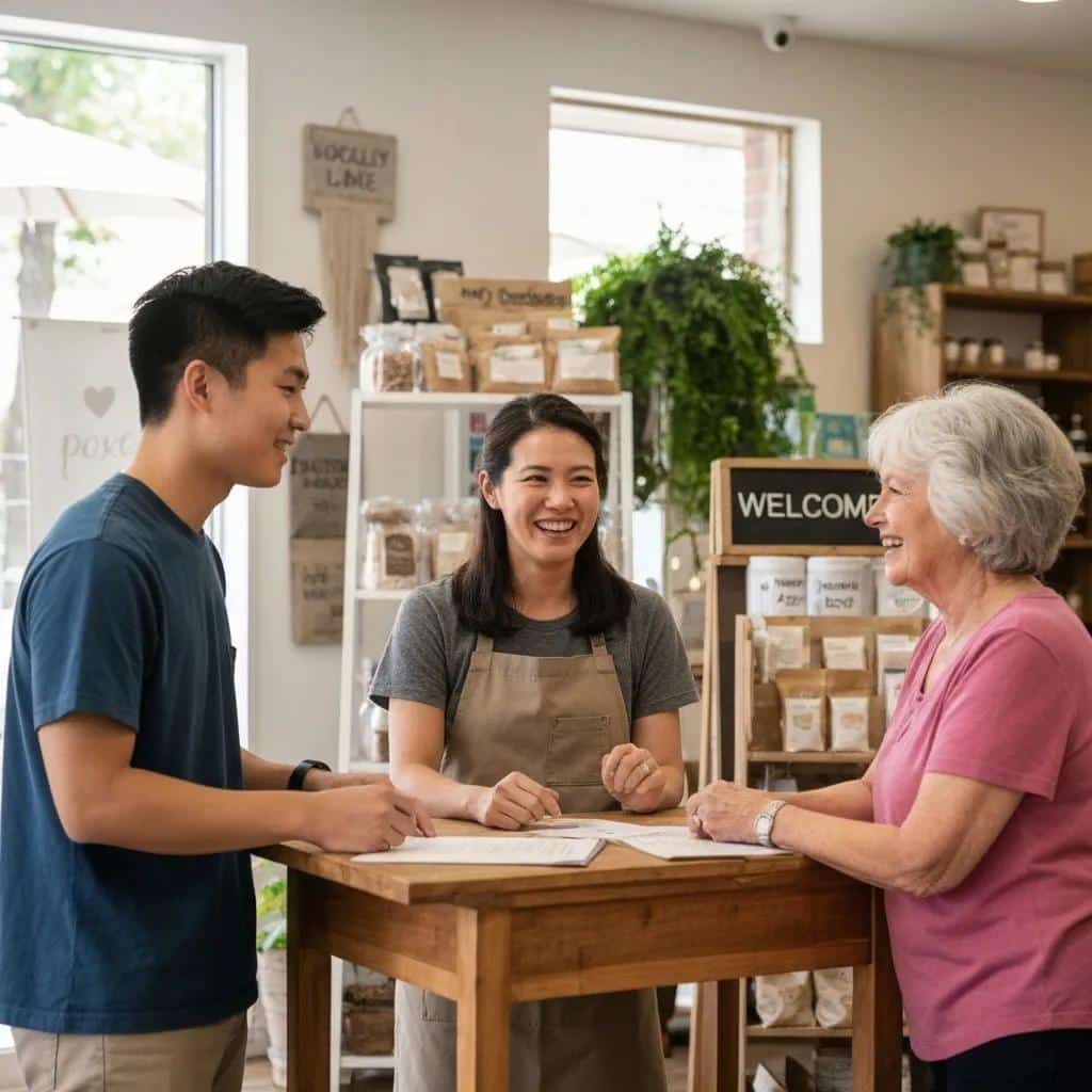 Local business owner engaging with customers in a welcoming shop environment