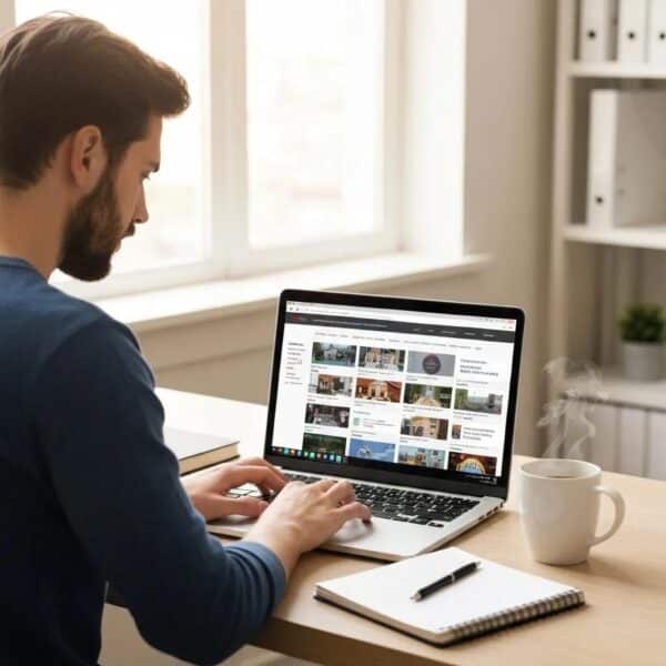 Person researching local directories for citation building on a laptop