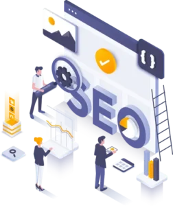 Digital marketing scene featuring SEO elements, graphs, and people working on laptops.