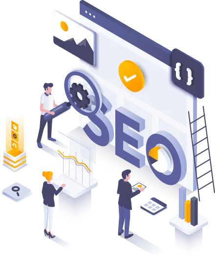Digital marketing scene featuring SEO elements, graphs, and people working on laptops.