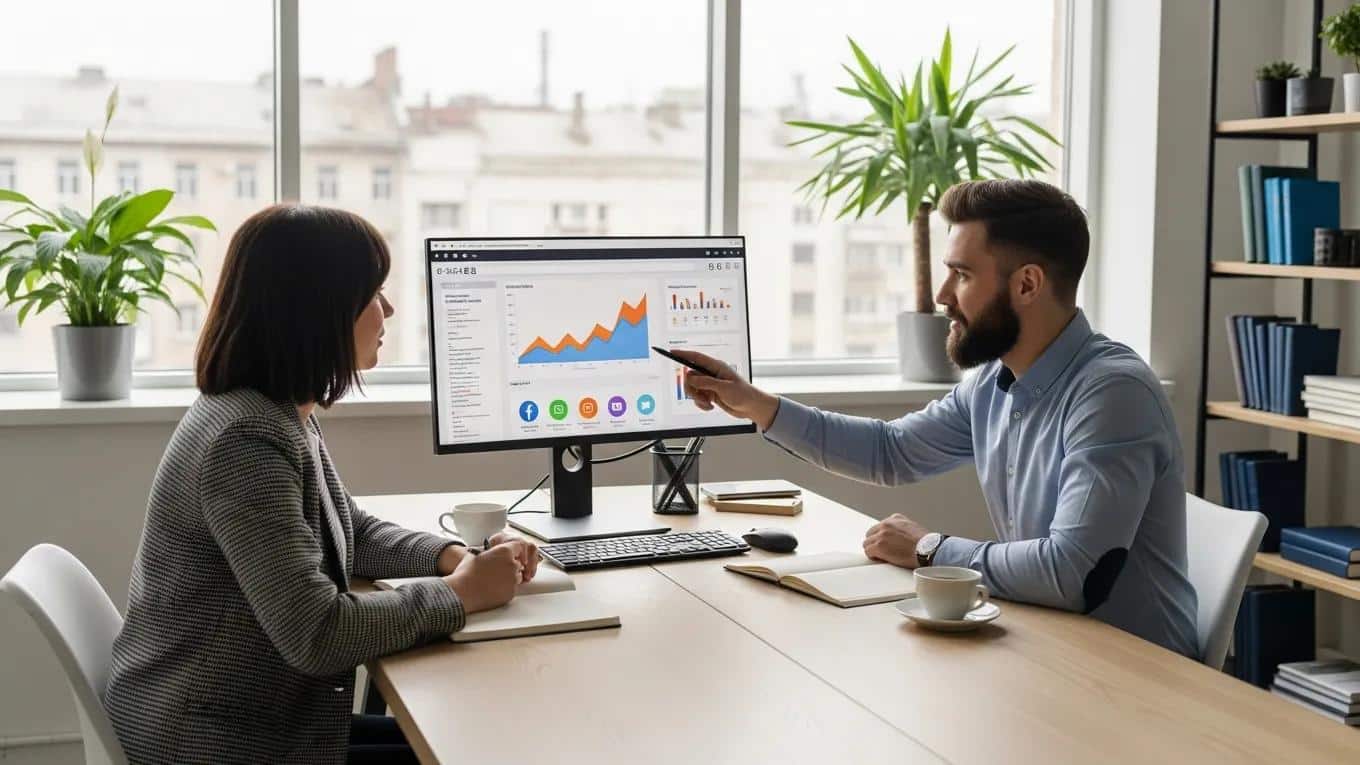 Small business owner meeting with a digital marketing specialist in a bright office